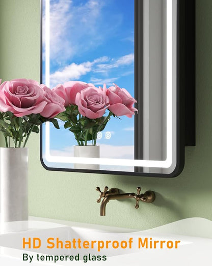 16"x24" Bathroom Medicine Cabinet with Mirror, Recessed and Surface Mount Medicine Cabinet Bathroom Mirror with Storage, Waterproof Black Metal, Stable and Removable 2 Metal Shelves, Easy Installation