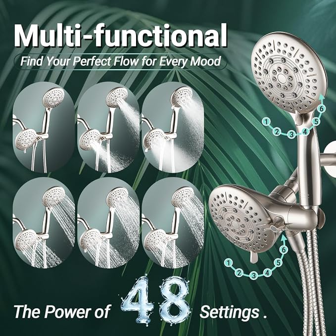 Cobbe® Dual Shower Head Combo, Handheld & Fixed, Brushed Nickel | Two Full-Size Shower Heads, 59'' Stainless Steel Hose, Water Saving with 3-Way Water Diverter, Tool-Free Installation