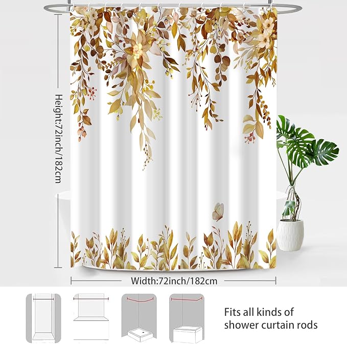 Brown Floral Eucalyptus Shower Curtain with Hooks, 72x72 Inch | Waterproof Fabric, Watercolor Leaves and Floral, Botanical Style, Machine Washable, Quick-Drying, for Hotel Bathroom
