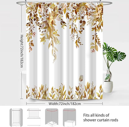 Brown Floral Eucalyptus Shower Curtain with Hooks, 72x72 Inch | Waterproof Fabric, Watercolor Leaves and Floral, Botanical Style, Machine Washable, Quick-Drying, for Hotel Bathroom