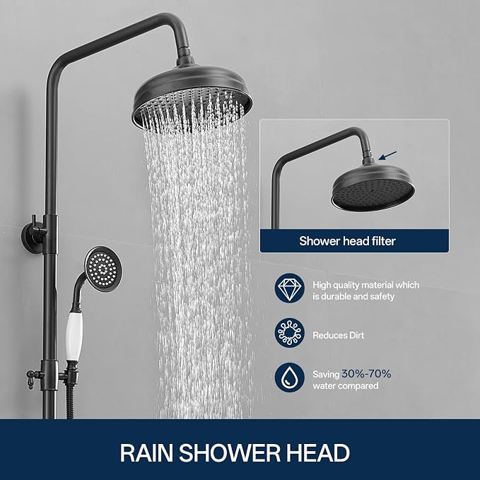 Homevacious Matte Black Outdoor Shower Kit Exposed Shower | 8 Inch High Pressure Rain Shower Head with Hand Spray Bathroom Shower Faucet System Double Knobs Cross Handle 3-function