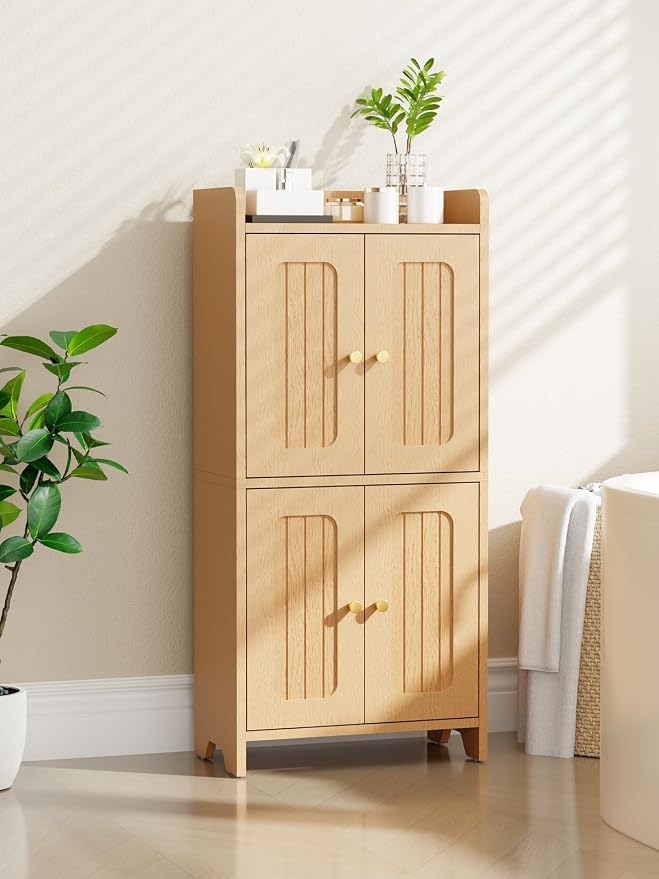 BEWISHOME Small Floor Cabinet,Toilet Paper Storage,Bathroom Storage Cabinet | with 4 Doors and Shelves, Bathroom Organizers and Storage for Small Spaces, Natural 7.9" D x 14.6" W x 31" H YYG11Y