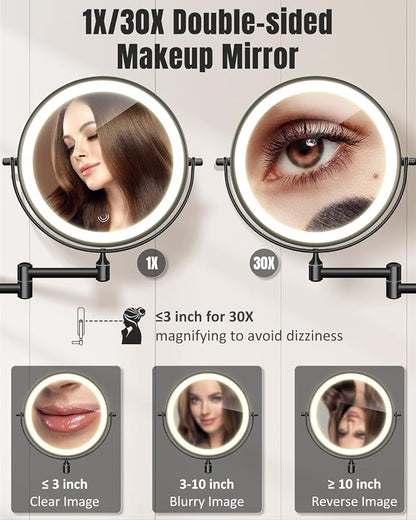 VFD 8'' 30X/1X Wall Mounted Lighted Magnifying Makeup Mirror with Lights | Double Sided Rechargeable Bathroom Mirror, 3 Color Lights Touch Dimmable Extended Arm 360 Rotation Light up Mirrors