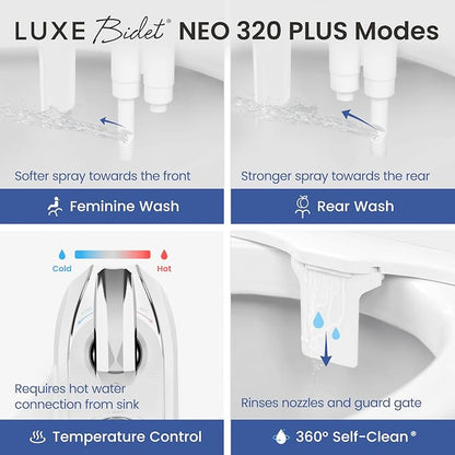 LUXE Bidet NEO 320 PLUS - Warm Water Bidet Attachment for Toilet, Chrome | Non-Electric, Warm Water, Dual Nozzle, Slide-In Install, 360° Self-Clean, EZ-Lift to Clean, Feminine & Rear Wash