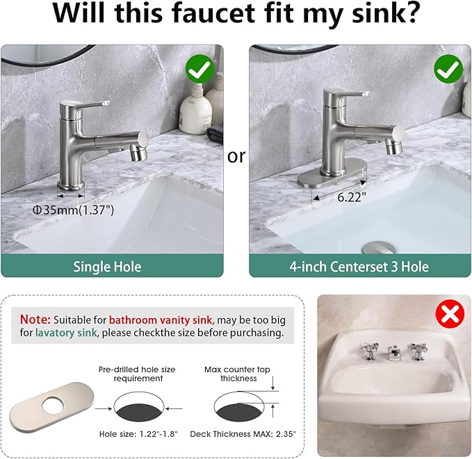 Bathroom Sink Faucet with Pull Out Sprayer, Single Handle Modern Bathroom Basin Faucet with Pop-up Sink Drain Stopper & Deck Plate 1 or 4-inch Centerset 3 Hole, Brushed Nickel