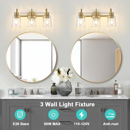 3 Lights Bathroom Light Fixtures Modern Gold Vanity Lights | ETL Certificate, Easy to Install,Wall Mount Up or Down,Thickened Glass Lampshade,E26 Socket,Hardwired