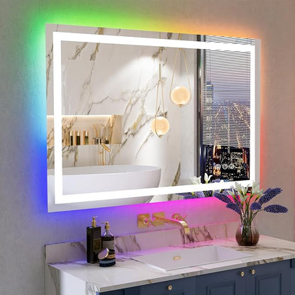 48x36 LED Bathroom Mirror with Lights, RGB Backlit Lighted Mirror | Backlit and Front Light, Anti-Fog, 3 Color Dimmable, Memory, Tempered Glass, IP54 Waterproof, UL Listed