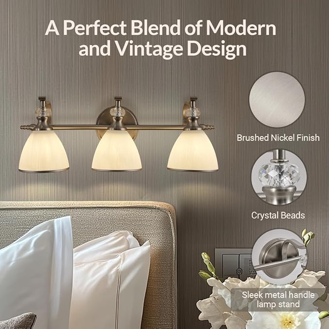 Bathroom Light Fixture, 3-Light Bathroom Vanity Light Brushed Nickel, Vintage Wall Sconce with Hand-Painted Frosted Lampshade, Wall Lamp in Silver Finish for Bedroom, Living Room, Restroom