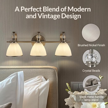 Bathroom Light Fixture, 3-Light Bathroom Vanity Light Brushed Nickel, Vintage Wall Sconce with Hand-Painted Frosted Lampshade, Wall Lamp in Silver Finish for Bedroom, Living Room, Restroom