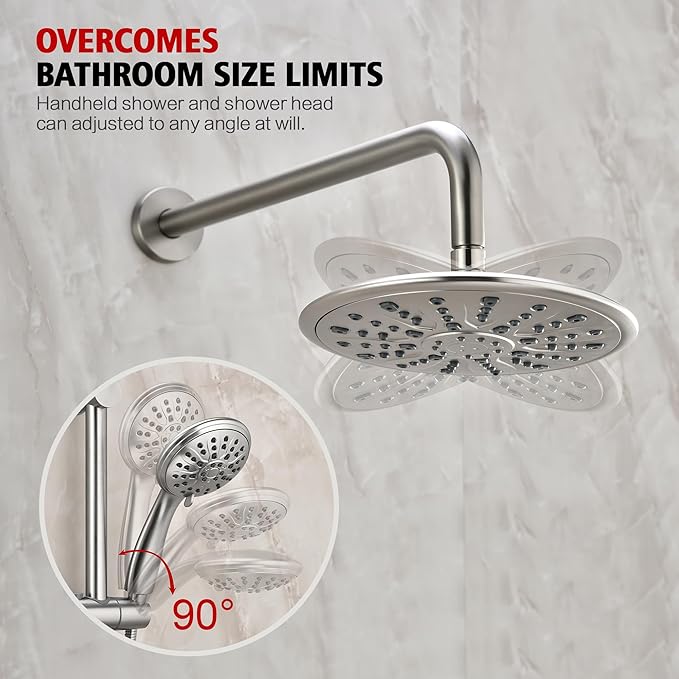 sumerain Brushed Nickel Rain Shower System Complete with Multi-Settings Rainfall Showerhead and Handheld Spray, Shower Faucet Set Includes Shower Valve and Slide Bar