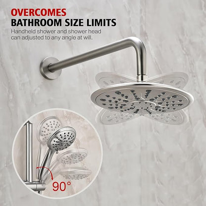 sumerain Brushed Nickel Rain Shower System Complete with Multi-Settings Rainfall Showerhead and Handheld Spray, Shower Faucet Set Includes Shower Valve and Slide Bar