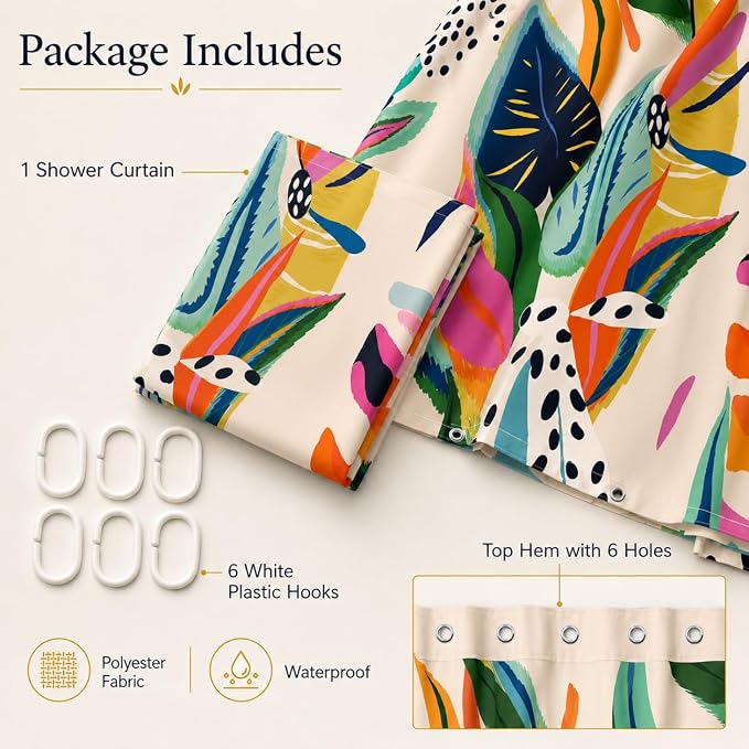 Colorful Abstract Shower Curtain, Floral Boho Modern Asthetic Plant Bathroom Curtain, Waterproof Polyester Fabric Shower Curtain Set with Hooks 36x72 Inch