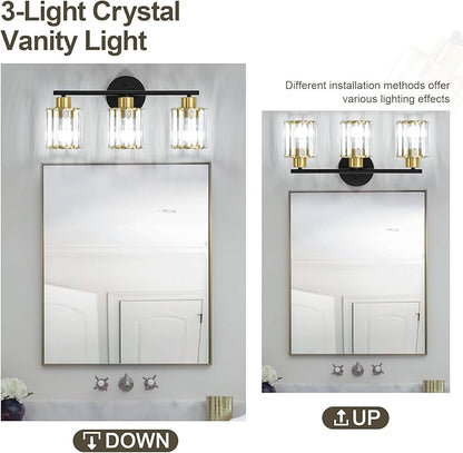Crystal Bathroom Light Fixtures, Bathroom Lighting Fixtures Over Mirror, Modern Black Gold 3-Light Vanity Lights for Mirror, Restroom, Bedroom (Ceramic E26 Socket,Bulbs Not Include)