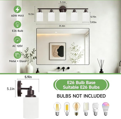5-Light Bathroom Light Fixtures, Vanity Lights for Mirror with Textured Milky White Glass Shade, Modern Kitchen Light Fixtures Wall Sconce Light - E26 Base - Oil-Rubbed Bronze