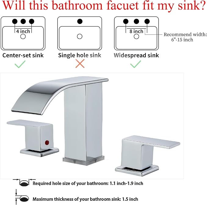 LED Bathroom Faucet 3 Hole, Chrome Waterfall Bathroom Faucets, 8 Inch Widespread Modern Bathroom Sink Faucet & Parts, Wide Spread Touch On Three Hole 2 Handle 3 Piece Bathroom Vanity Faucet