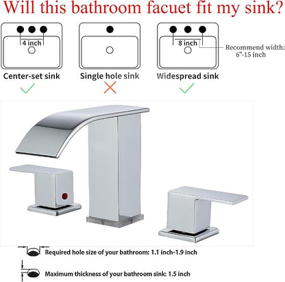 LED Bathroom Faucet 3 Hole, Chrome Waterfall Bathroom Faucets, 8 Inch Widespread Modern Bathroom Sink Faucet & Parts, Wide Spread Touch On Three Hole 2 Handle 3 Piece Bathroom Vanity Faucet