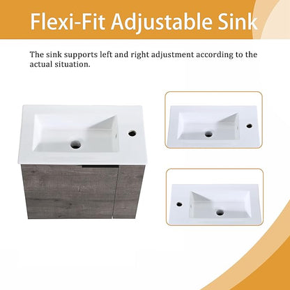Malwee 22" Floating Bathroom Vanity with Sink, 22 Inch Wall Mounted Bathroom Cabinet Single Sink Combo, with 1 Soft Close Door and White Ceramic Basin Top for Small Space, Space-Saving Design (002PGO)