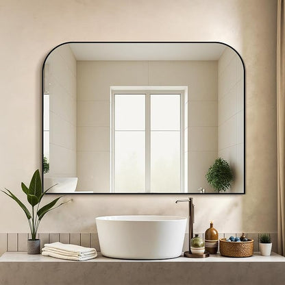 30"x40" Black Metal Framed Bathroom Mirror for Over Sink | Rounded rectangle shape. Shatterproof HD glass, all mounting hardware for bathroom, bedroom, entryway.