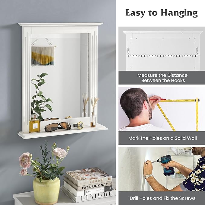 Tangkula Bathroom Mirror with Shelf, Rectangle Over Sink Wall Mirror, Hanging Vanity Mirror for Dressing Room Washroom Bedroom, Modern Concise Mirror (White)