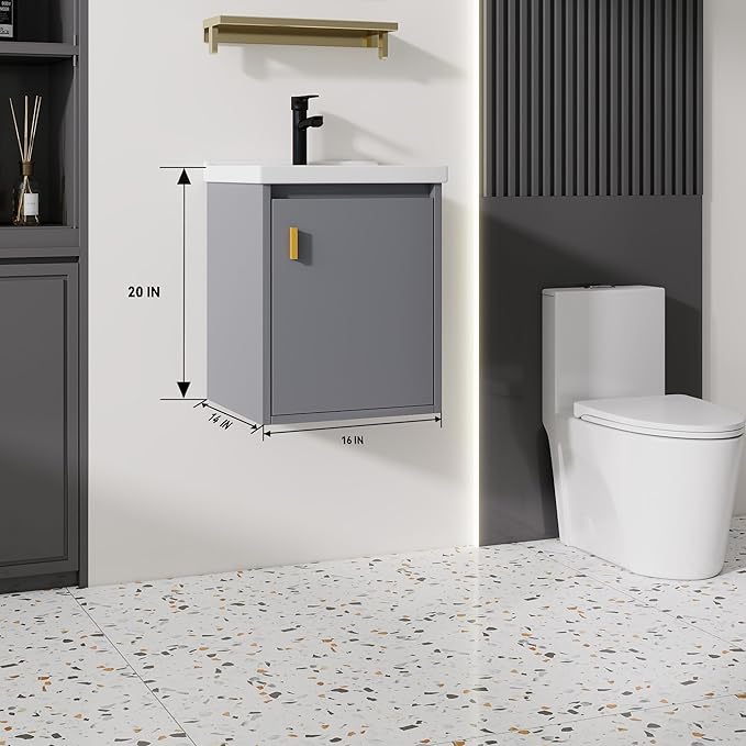 16'' Bathroom Vanity with Ceramic Sink Combo, Wall Mounted Small Bathroom Vanity with Soft-Close Door Modern Floating Cabinet, Pop-up Drain, P-Trap Included, Gray(No Faucet)
