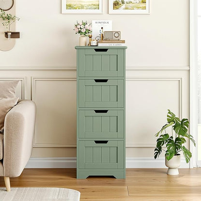 FOTOSOK Bathroom Storage Cabinet Set of 2, Bathroom Cabinet with 4 Drawers, 11.8” x 11.8” x 32.5” Freestanding Entryway Cupboard Storage Organizer Unit Home Furniture Decor, Green