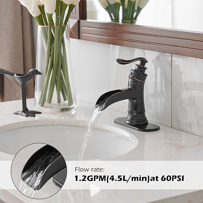 BWE Oil Rubbed Bronze Bathroom Sink Faucet with 1.2 GPM Flow Rate Waterfall Vanity Sink Faucet Single Handle Mixer Tap with Pop Up Drain Stopper Assembly Water Supply Hose