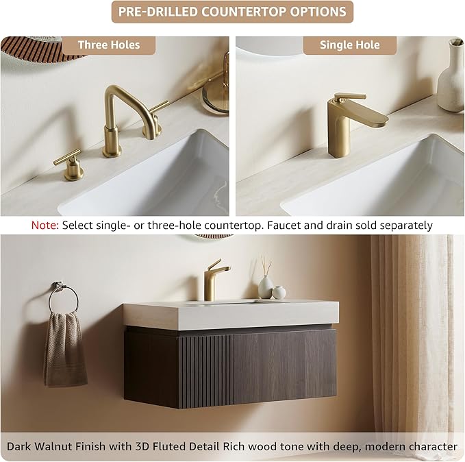 30” Floating Bathroom Vanity with Sink, Wall-Mounted Cabinet with Drawer & Doors, Roma Travertine-Pattern Countertop, Undermount Basin, Single Faucet Hole, Soft-Close, Pre-Assembled, Dark Oak