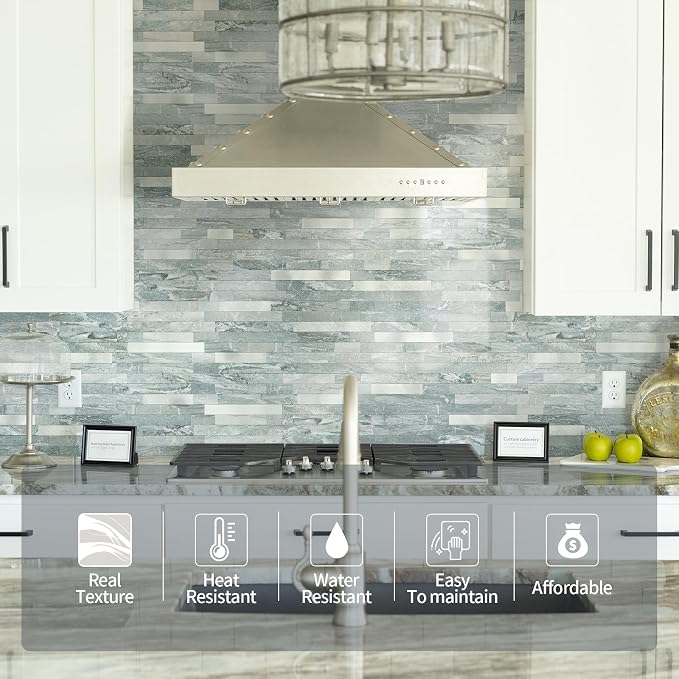 10 - Sheet Peel and Stick Backsplash Wall Tile, PVC Kitchen Backsplash, Stick on Tiles for Backsplash Kitchen (12'' X 12'', Polished Cyan)