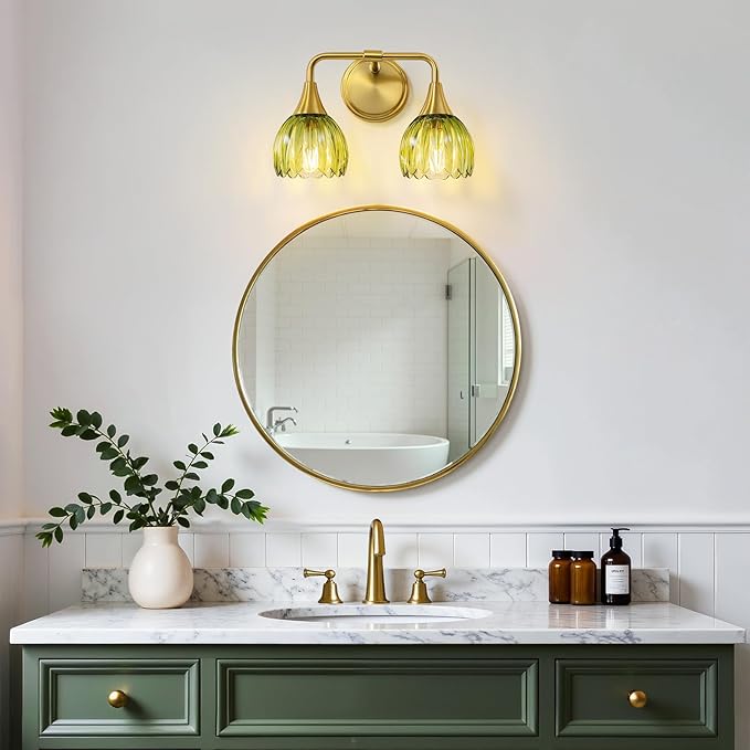 Bathroom Vanity Light Fixtures: 2-Lights Vintage Bathroom Lights Over Mirror with Ribbed Green Tulip Glass Shade - 14 inch Brushed Gold Wall Sconce Bath Lighting