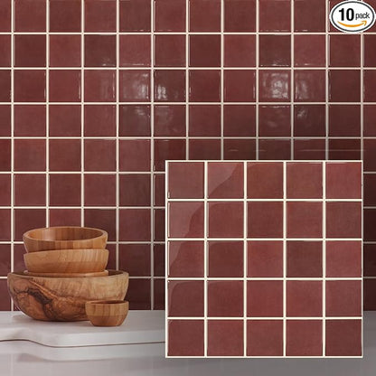 Thicker 3D Peel and Stick Backsplash Tiles, 10 Pcs 12" x 12" | Red, Glossy Self Adhesive Backsplash Sticker for Renter Friendly Kitchen Bathroom Wall Makeover, Cover 10 sq ft，Removable