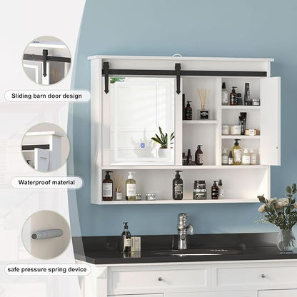 Farmhouse Lighted Medicine Cabinet with Mirror,Sliding Barn Door Mirrored Medicine Cabinet for Bathroom,3-Color Memory LED Medicine Cabinets Mirror Wall Mounted for Kitchen/Laundry,28x35