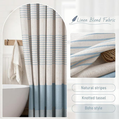 Aqua Blue Coastal Ocean Linen Striped Shower Curtain with Tassel 72W X 72L | Boho Farmhouse Shower Curtains with Linen Texture for Bathroom Decor