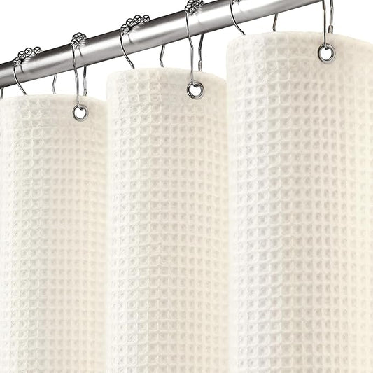 Extra Long Waffle Shower Curtain - Ivory Cotton Texture Fabric Heavyweight Shower Curtains for Bathroom,72Wx90L