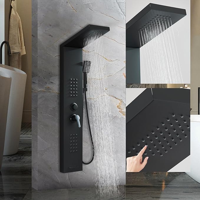 Black Shower Panel Modern Shower Tower System with Full Body Shower Jets System Handheld Spray Wall Mount Shower Panels Faucet