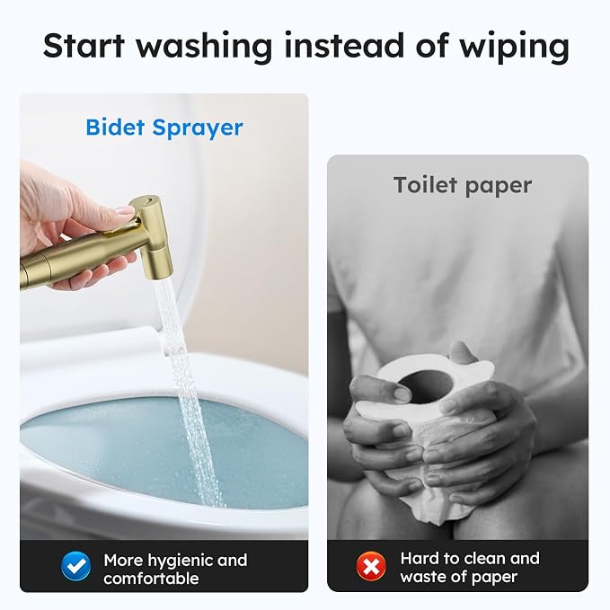 Arofa Handheld Bidet Sprayer, Bidet Attachment for Toilet, Brushed Gold | Adjustabel Water Pressure, Leak-Free Hose, Fits Two-Piece Toilets, Feminine/Baby/Pet Wash, Cloth Diaper Rinse, Easy Install