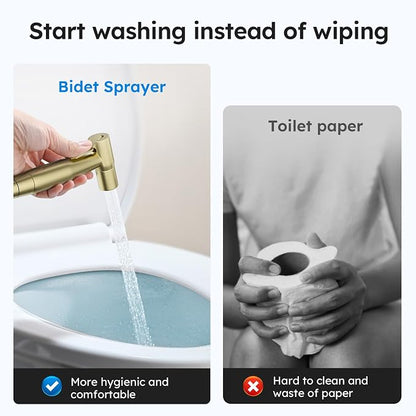 Arofa Handheld Bidet Sprayer, Bidet Attachment for Toilet, Brushed Gold | Adjustabel Water Pressure, Leak-Free Hose, Fits Two-Piece Toilets, Feminine/Baby/Pet Wash, Cloth Diaper Rinse, Easy Install