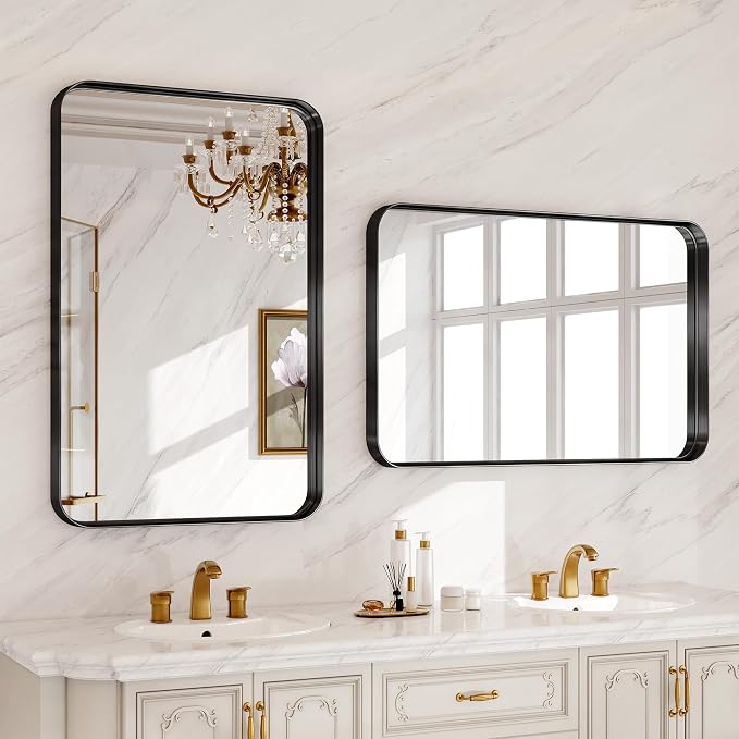 Bathroom Mirror for Wall, 30x20 Inch Rectangle Mirror,Matte Black Metal Framed Bathroom Vanity Mirror for Restroom Farmhouse, HD Tempered Glass,Anti-Rust Aluminum Alloy Mirror