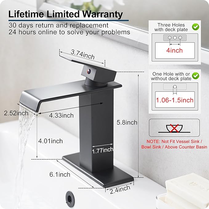 Waterfall Bathroom Faucet, Brass Matte Black Bathroom Faucet 1 Hole or 3 Holes, Bathroom Faucets Single Handle, 4 Inch Bathroom Sink Faucet with Deck Plate & Pop-Up Drain for Lavatory No Noise