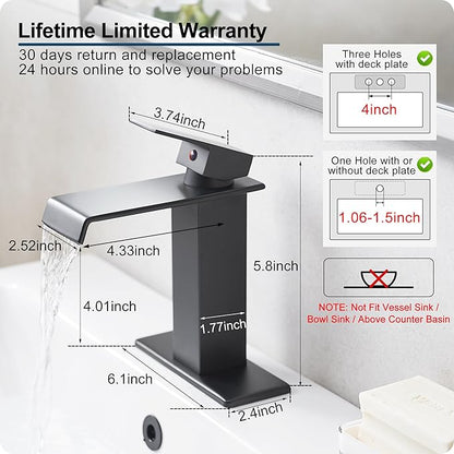 Waterfall Bathroom Faucet, Brass Matte Black Bathroom Faucet 1 Hole or 3 Holes, Bathroom Faucets Single Handle, 4 Inch Bathroom Sink Faucet with Deck Plate & Pop-Up Drain for Lavatory No Noise