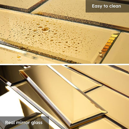 Peel and Stick Mirror Backsplash, Gold, 4x12 Inch, Beveled Mirror Subway Kitchen Bar Wall Tile (5 Sq.ft, 15 Pcs)