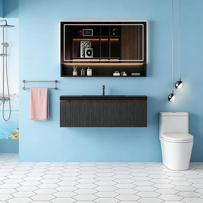 48'' Floating Bathroom Vanity with Sink, Wall-Mounted Bathroom Storage Cabinet with Soft-Close Striped Drawer, Cabinet Door & Quartz Sand Basin, Smoked Walnut Body with Internal Handle, Black
