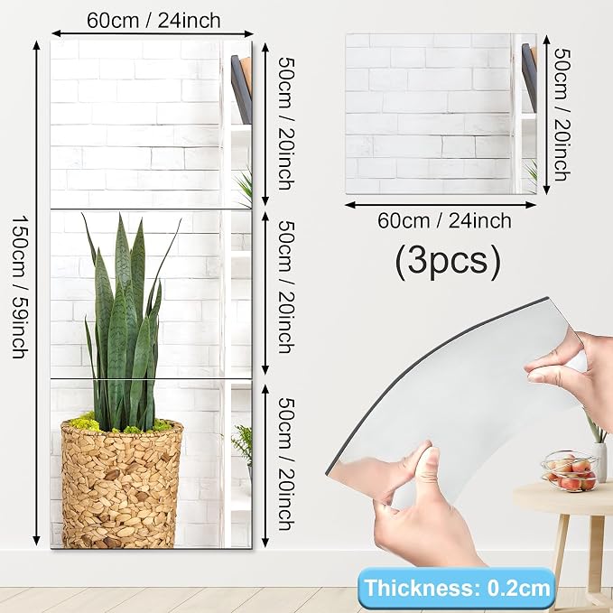JUNEBRUSHS 3 Pack Self Adhesive Acrylic Mirrors, 20 x 24 Inch Full Length Mirror Tiles