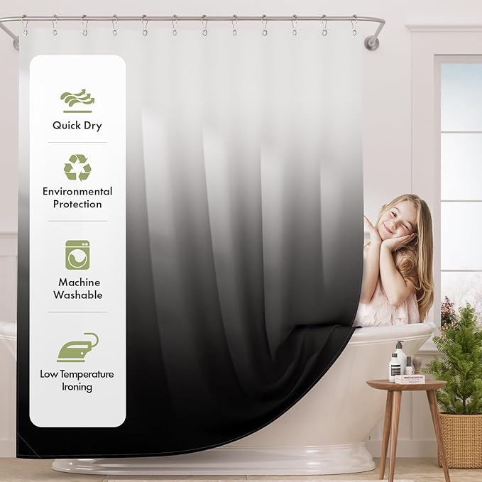 AmazerBath Long Shower Curtain, 72x78 Ombre Black Fabric Shower Curtain Set with 12 Shower Curtain Hooks, Farmhouse Cloth Black and White Shower Curtain, Washable Bathroom Shower Curtain Sets