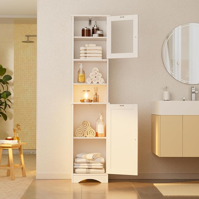 Gizoon 67.1" Tall Bathroom Storage Cabinet with Adjustable Shelves | Narrow Tall Linen Tower with Open Shelves, Two-way Doors, Anti-Tip, for Home, Kitchen, Living Room, White