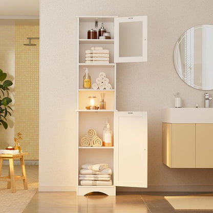 Gizoon 67.1" Tall Bathroom Storage Cabinet with Adjustable Shelves | Narrow Tall Linen Tower with Open Shelves, Two-way Doors, Anti-Tip, for Home, Kitchen, Living Room, White