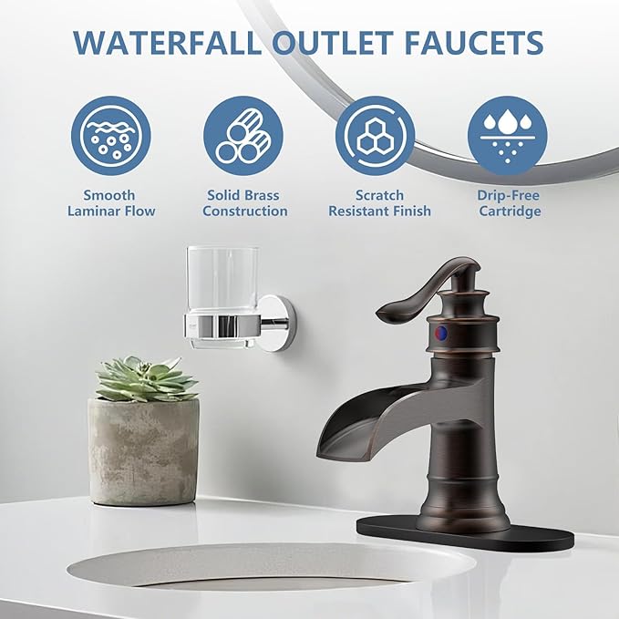 Waterfall Bathroom Faucet Oil Rubbed Bronze Sink with Pop Up Drain Stopper Faucets Single Hole Rustic Vanity Farmhouse Overflow One Handle Bath Black Commercial Assembly by Homevacious