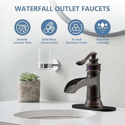 Waterfall Bathroom Faucet Oil Rubbed Bronze Sink with Pop Up Drain Stopper Faucets Single Hole Rustic Vanity Farmhouse Overflow One Handle Bath Black Commercial Assembly by Homevacious