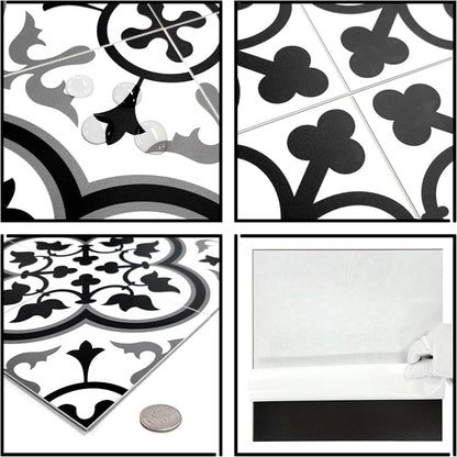 The Tiles Plaza Encaustic Peel and Stick Backsplash, Grey and White Patterned Vintage Stick on Tiles, Stone Composite Self-Adhesive Wall Tile Sticker for Kitchen Bathroom Fireplace Stairs, 10 Sheets