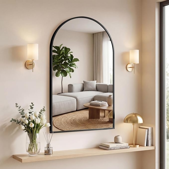 NEWBULIG 22"x30" Arched Wall Mirror, Bathroom Mirrors for Over Sink, Black | Matte Metal Framed Vanity Mirror with Tempered Glass, Entryway, Living Room, Bedroom