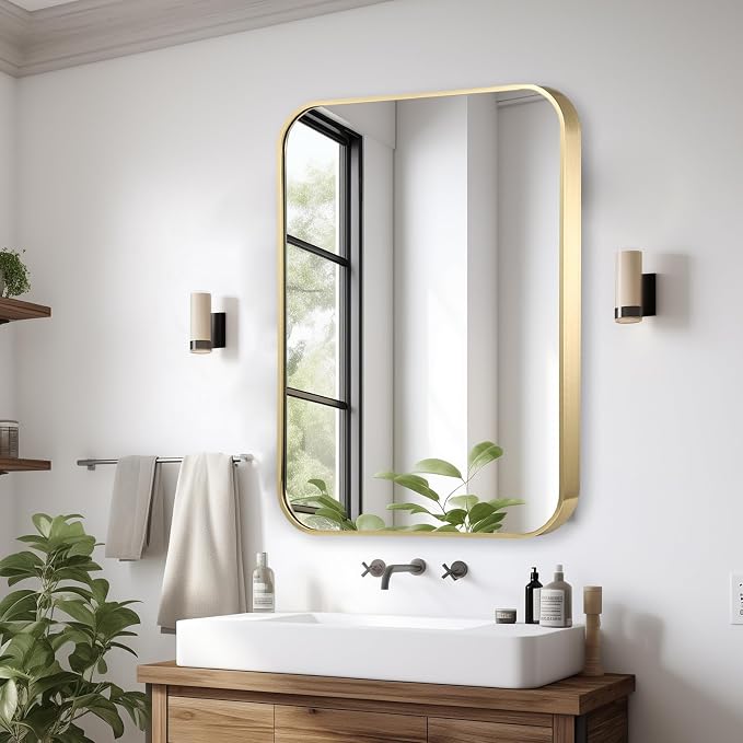 20x30 Inch Gold Bathroom Mirror, Brushed Brass Gold Metal Framed Rectangular Mirror with Rounded Corner, Bathroom Vanity Mirror for Bedroom or Living Room, Horizontal/Vertical